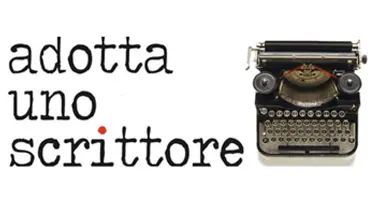 grafica del progetto, con macchina da scrivere antica su sfondo bianco e scritta in nero adotta uno scrittore