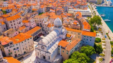 Croatia, beautiful old city of Sibenik, panoramic view of the town center and cathedral of St James