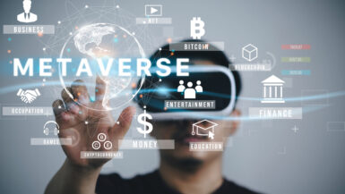 Man wearing VR glasses virtual Global Internet connection metaverse with a new experience in metaverse virtual world."nMetaverse technology concept Innovation of futuristic.